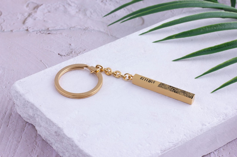 Finger Print Keychain Customize Engrave Paw Print Keepsake Memorial Gift Idea Birthday Gift Love Pendant Keychain Gold Dangle Key Holder TB