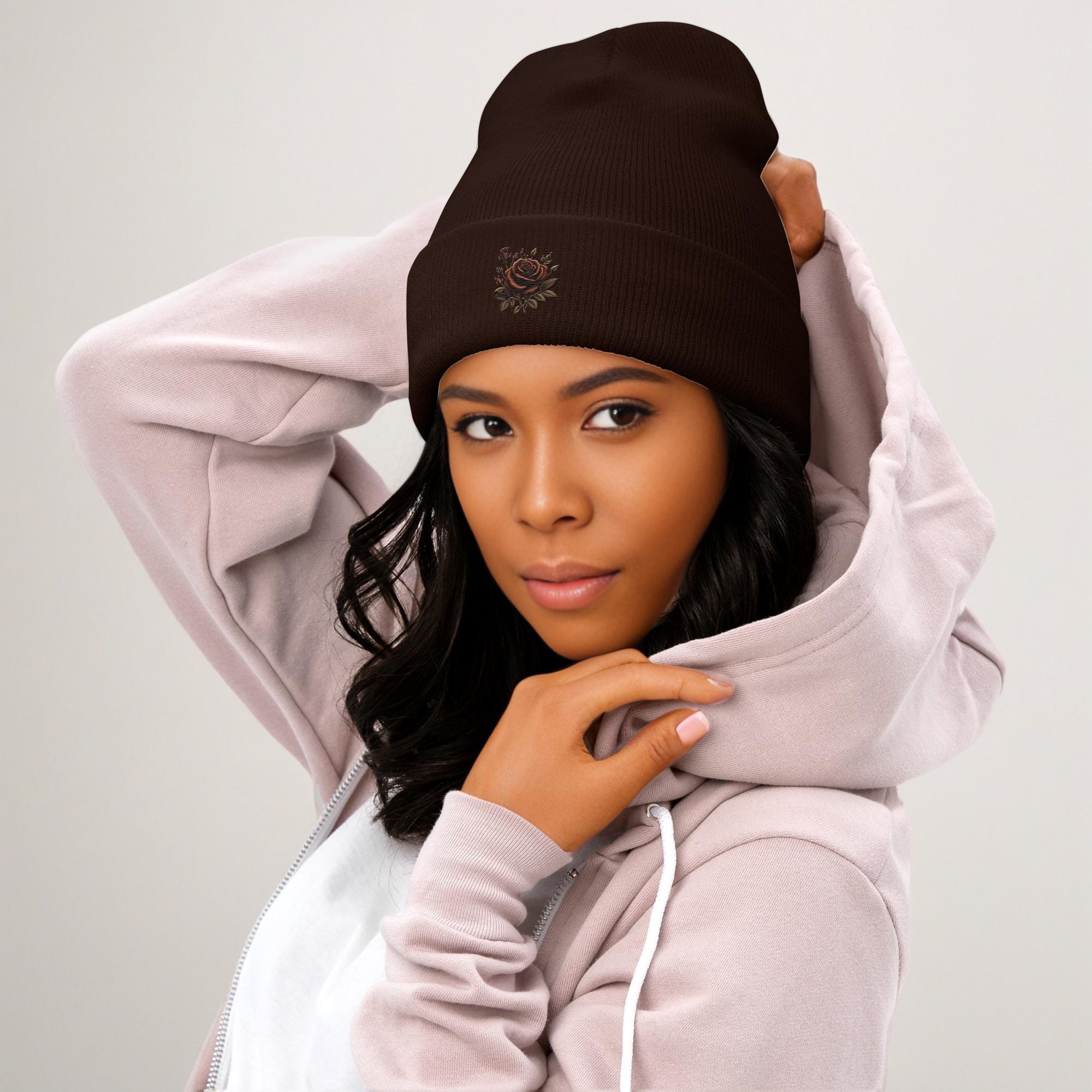 ? ?Left Hook™ — Handmade Beanie — Rosé — OS / B The Driftwood Rose Cuffed Beanie - Etsy main image 3