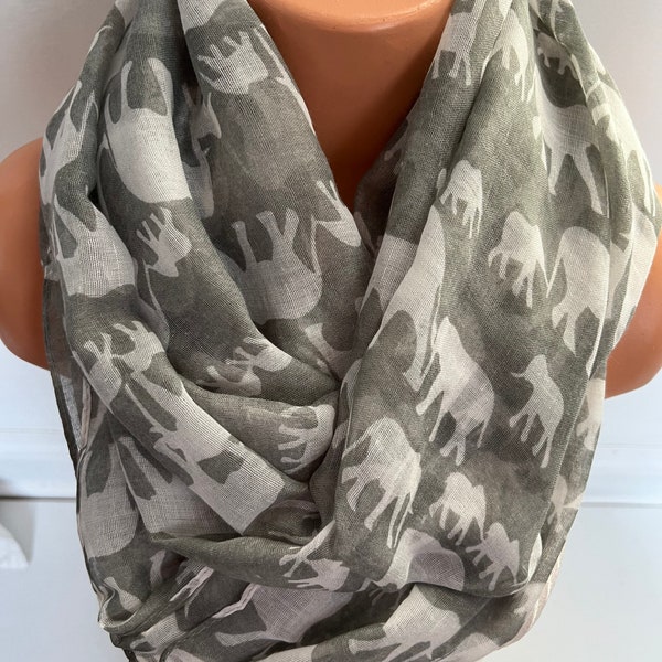 Elephant scarf, animal scarf long infinity scarf wide large scarf light grey color scarf with elephants