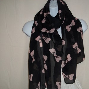 Black scarf pink bow scarf silky chiffon scarf, light weight scarf