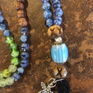 Zen Mala with Star Charm, Blue Ceramic Guru Bead and Black Tassel, zen, Yoga-Inspired, Boho, Buddhist Inspired, Blue Green and Wood Beaded image 2