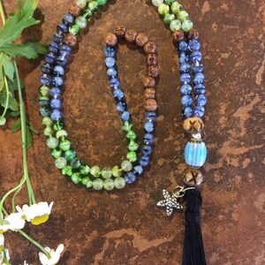 Zen Mala with Star Charm, Blue Ceramic Guru Bead and Black Tassel, zen, Yoga-Inspired, Boho, Buddhist Inspired, Blue Green and Wood Beaded