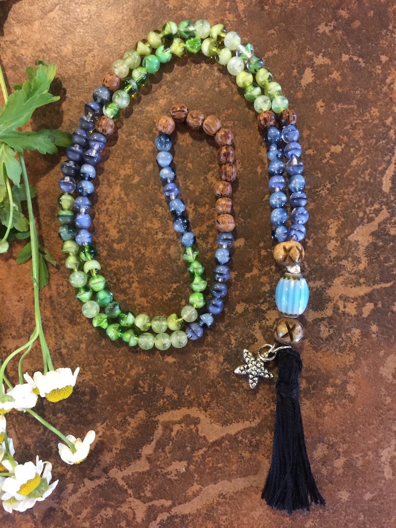 Zen Mala with Star Charm, Blue Ceramic Guru Bead and Black Tassel, zen, Yoga-Inspired, Boho, Buddhist Inspired, Blue Green and Wood Beaded image 1