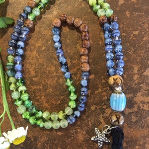 Zen Mala with Star Charm, Blue Ceramic Guru Bead and Black Tassel, zen, Yoga-Inspired, Boho, Buddhist Inspired, Blue Green and Wood Beaded image 3