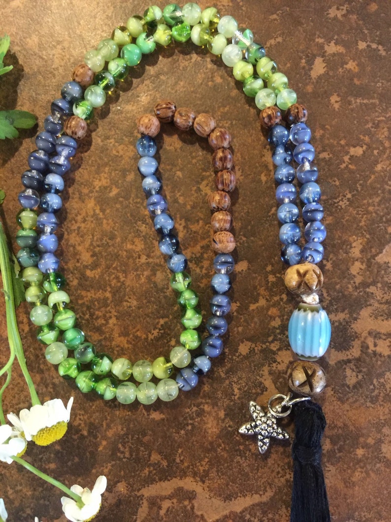 Zen Mala with Star Charm, Blue Ceramic Guru Bead and Black Tassel, zen, Yoga-Inspired, Boho, Buddhist Inspired, Blue Green and Wood Beaded image 3