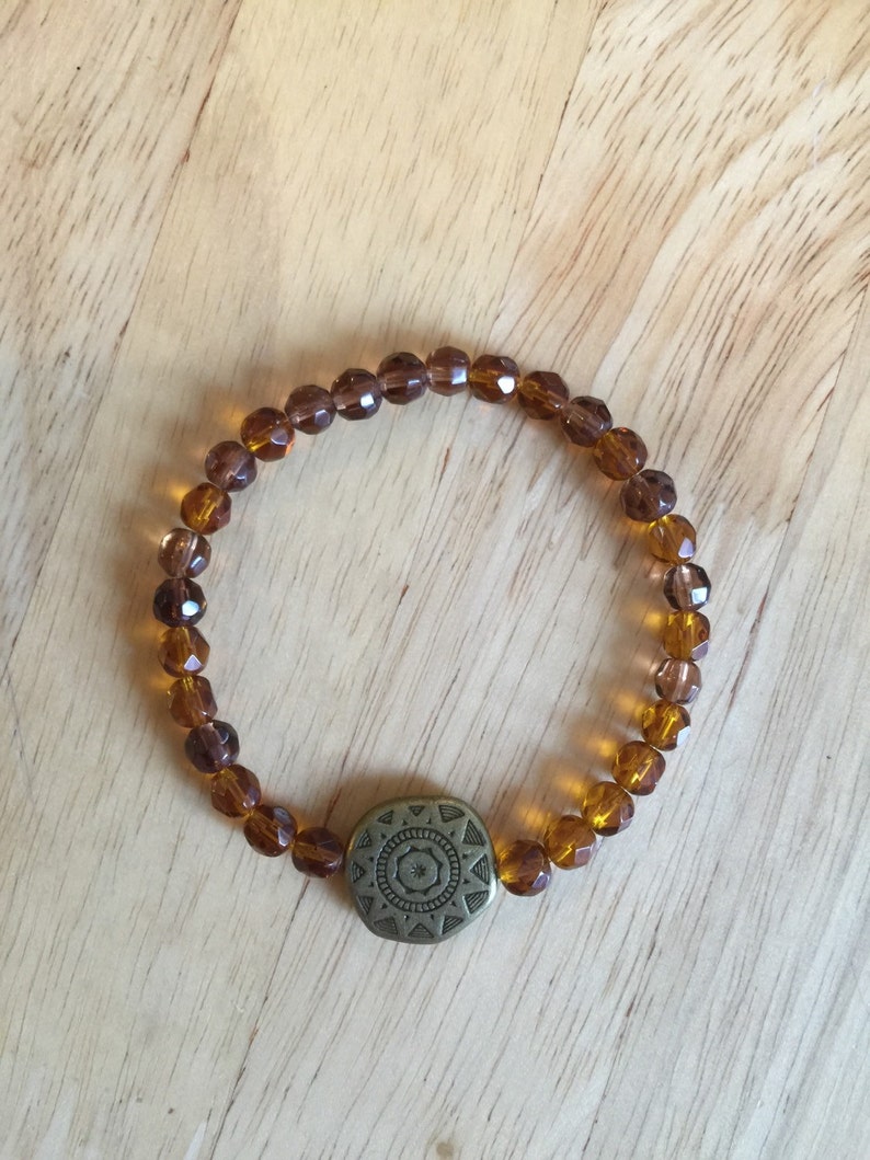Tibetan Style Stretch Bracelet, Tibetan Charm, Rust/brown Colored Glass