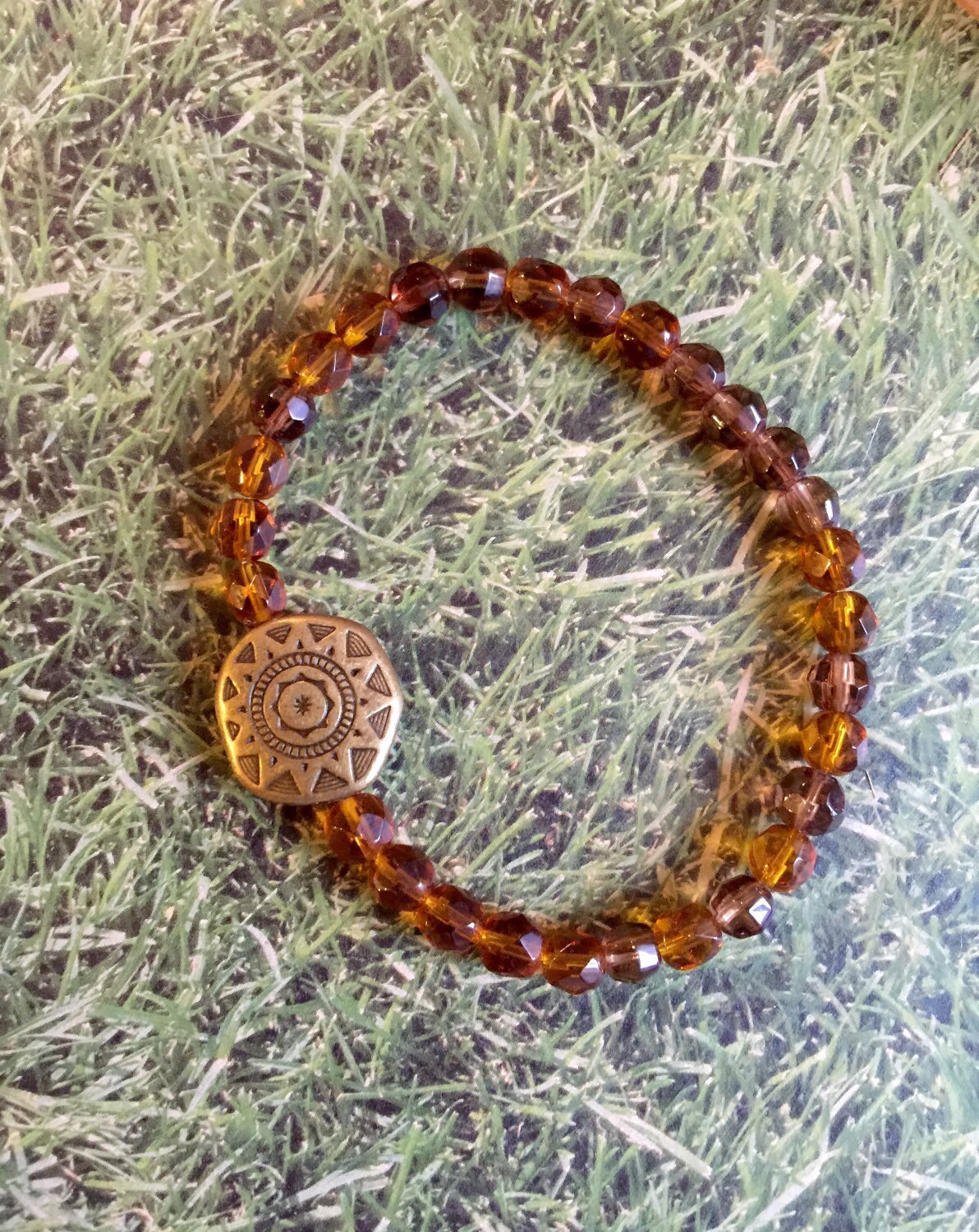 Tibetan Style Stretch Bracelet, Tibetan Charm, Rust/brown Colored Glass