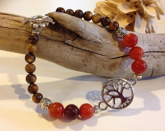 Tree of Life, Bracelet, Toggle Clasp, beads, orange abd brown, silver accents, bohemian bracelet