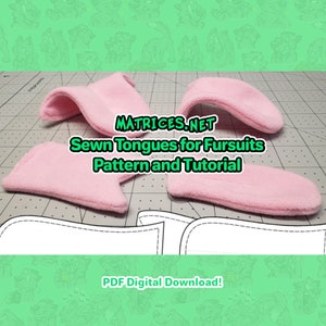 May include: Four pink fabric pieces for sewing a tongue for a fursuit. The pieces are laid out on a white gridded surface. The text "Matrices.net Sewn Tongues for Fursuits Pattern and Tutorial PDF Digital Download!" is visible in the image.