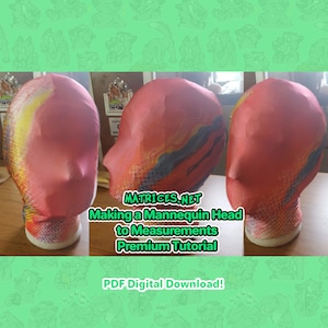 Puede incluir: Tres vistas de una cabeza de maniquí con estampado rojo, amarillo y azul. La cabeza está hecha de espuma y se utiliza para crear formas de cabeza personalizadas. La imagen incluye el texto "MATRICES.NET Making a Mannequin Head to Measurements Premium Tutorial PDF Digital Download!"