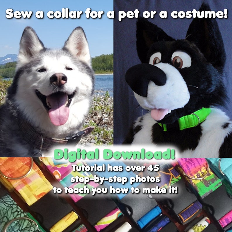 May include: A digital download tutorial for sewing a pet collar. The tutorial includes over 45 step-by-step photos and shows examples of finished collars in various colors and patterns.