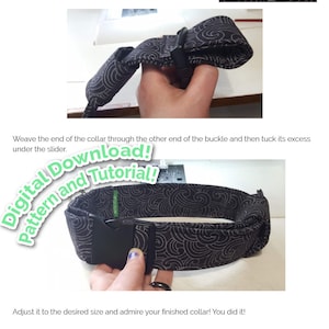 May include: A black and white patterned fabric collar with a black plastic buckle. The collar is shown being adjusted to fit around a person's wrist. The text "Digital Download! Pattern and Tutorial!" is superimposed on the image.