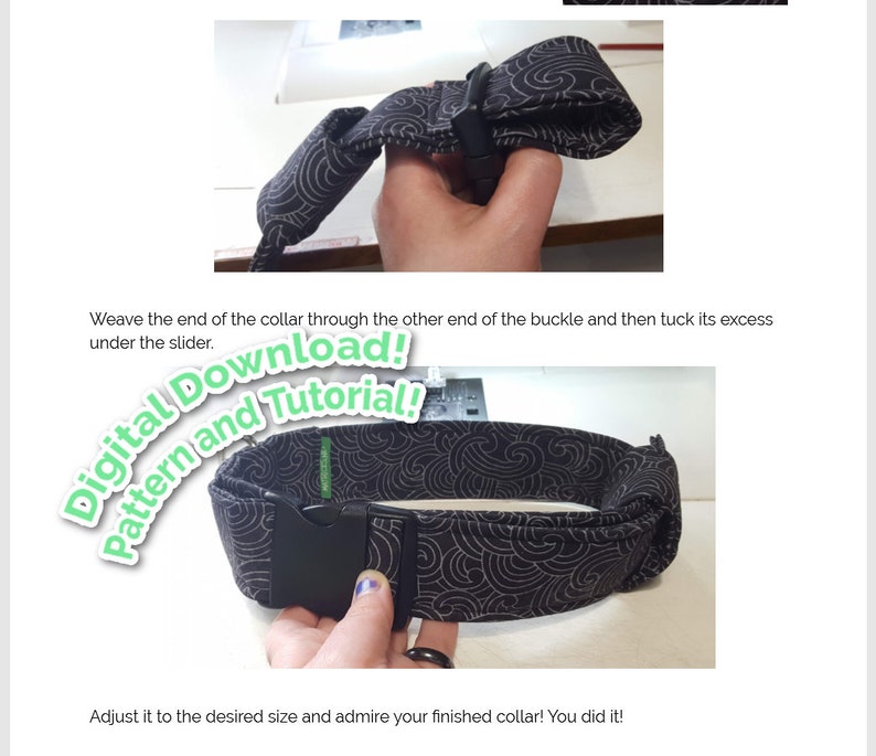 May include: A black and white patterned fabric collar with a black plastic buckle. The collar is shown being adjusted to fit around a person's wrist. The text "Digital Download! Pattern and Tutorial!" is superimposed on the image.