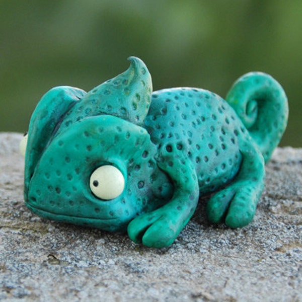 Cute Chameleon Figurine, reptile totem, good luck chameleon, lucky lizard, green turquoise safari animal totem figure, sculpture art decor