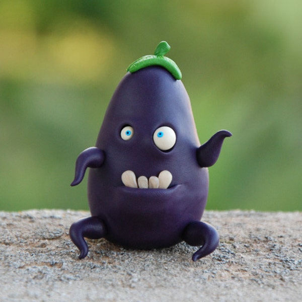 Eggplant Figurine, Monster Aubergine, gift idea for vegans, thumbs up fantasy figure sculpture, OOAK vegetable miniature polymer clay art