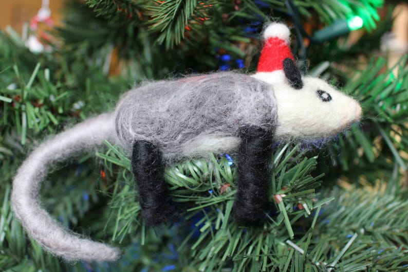 with Santa hat Needle-felted Opossum Christmas Ornament