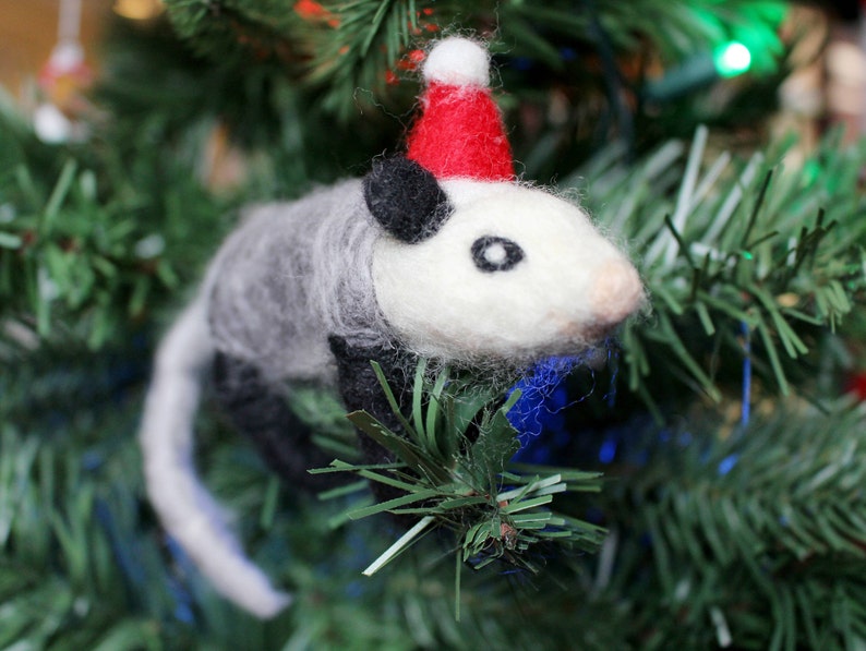 with Santa hat Needle-felted Opossum Christmas Ornament