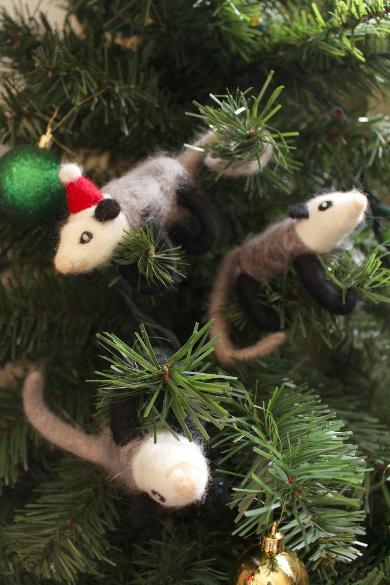 with Santa hat Needle-felted Opossum Christmas Ornament
