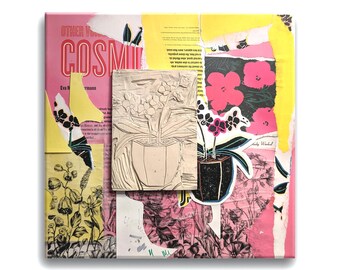 Ode to Andy: Mixed Media Collage with Linocut, Ink, and Paper on Canvas