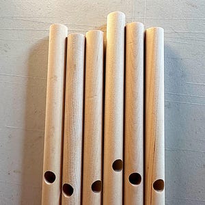 May include: A collection of seven unfinished wooden dowels, each approximately 1.5 inches in diameter. Six dowels have evenly spaced, circular holes. The wood grain is visible, and the dowels are arranged vertically against a light gray surface.