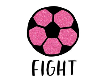 May include: Pink glitter soccer ball with the word "FIGHT" written below it.