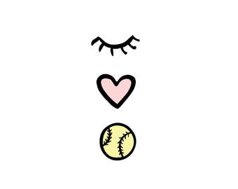 May include: A black and white illustration of a closed eye, a pink heart, and a yellow softball.