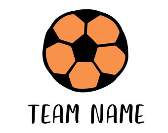 May include: Black and orange soccer ball with the text "TEAM NAME" below it.