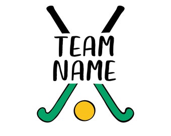 May include: A black and green field hockey stick with a yellow ball in the center. The text "TEAM NAME" is written in black above the ball.