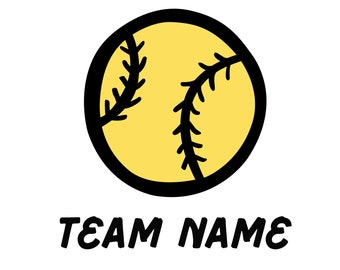 May include: A yellow softball with black stitching and a black outline. The text "TEAM NAME" is below the softball.