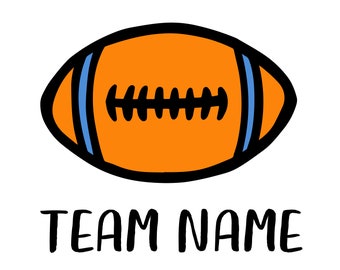 May include: A cartoon illustration of an orange and blue football with black stitching and the text "TEAM NAME" below.
