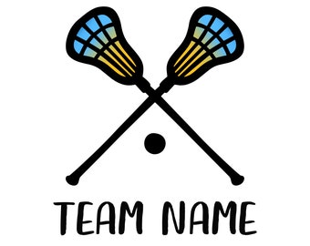 May include: Two crossed lacrosse sticks with a blue and yellow design, a black ball, and the text "TEAM NAME" below.