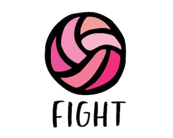 May include: A pink and white volleyball with black outlines and the word "FIGHT" written below it.