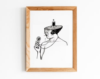 Surreal Wall Art - Digital Printable Dotwork Woman Illustration for Instant Download