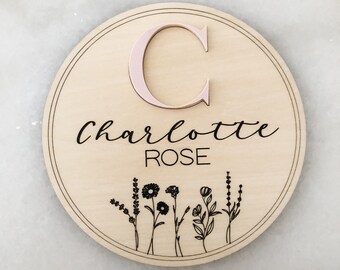Engraved Wood 3D Baby Girl Floral Name Sign | Small Round Birth Announcement Hospital Sign