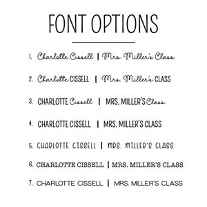 May include: Seven different font options for a name and title, showing variations in capitalization, font style, and spacing. The name is "Charlotte Cissell" and the title is "Mrs. Miller's Class".