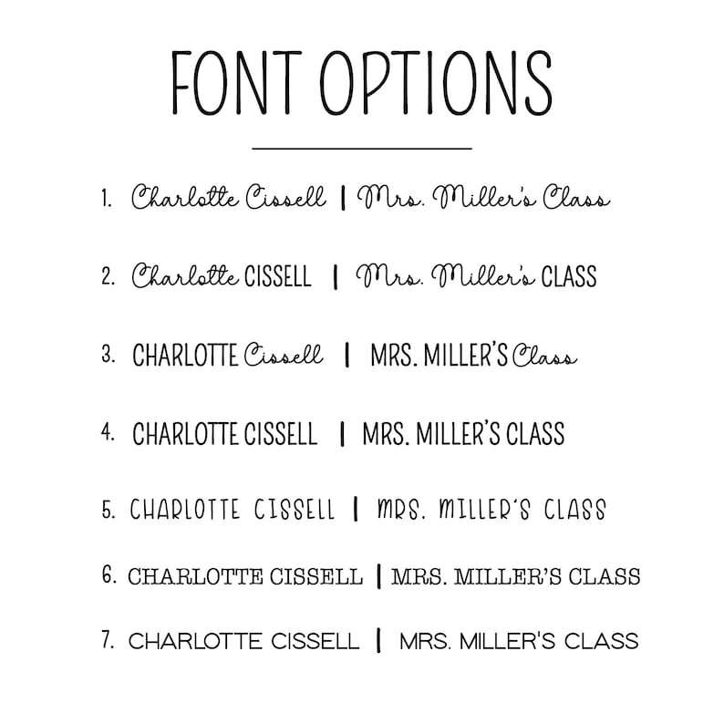 May include: Seven different font options for a name and title, showing variations in capitalization, font style, and spacing. The name is "Charlotte Cissell" and the title is "Mrs. Miller's Class".