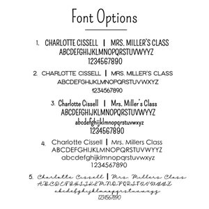 K&ouml;nnte beinhalten: F&uuml;nf verschiedene Schriftarten f&uuml;r einen Namen und einen Text. Die Optionen umfassen eine Standardschriftart, eine Schreibschrift und ein paar Variationen von jeder. Der Text enth&auml;lt den Namen "Charlotte Cissell" und den Text "Mrs. Miller's Class".
