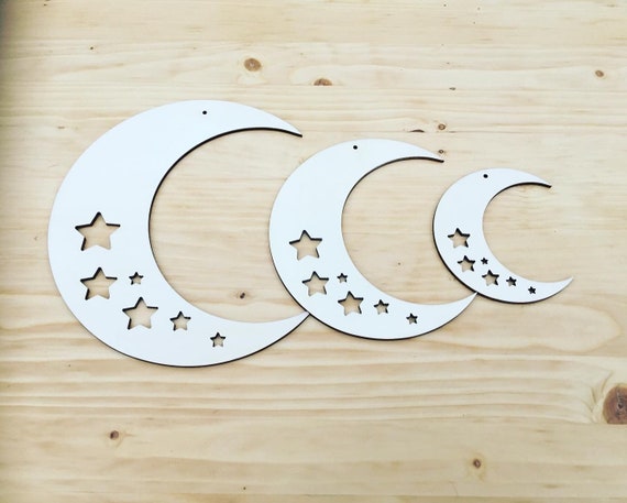 Unpainted laser cut wooden moon with cut out stars  - in 3 sizes