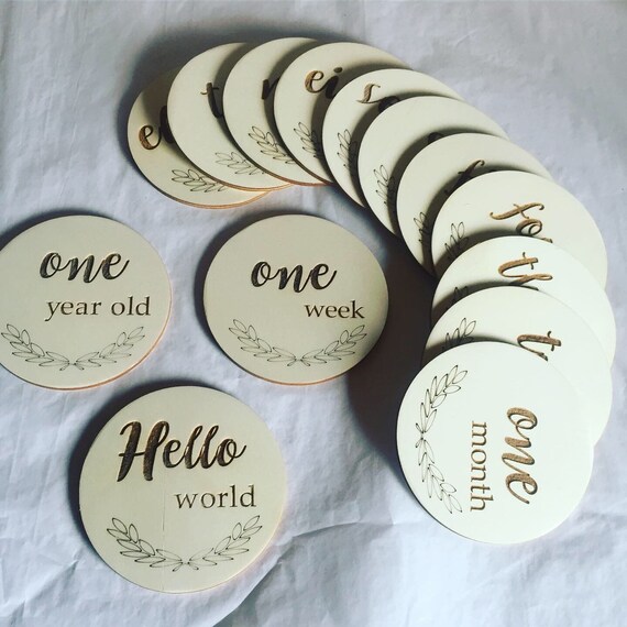 Pack of 14 wooden Milestone discs - milestone cards, baby birth announcement