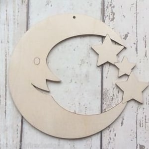 Enkel ongeverfd lasergesneden 4 mm Italiaans populierenhout Man in de maan, maangezicht met sterren