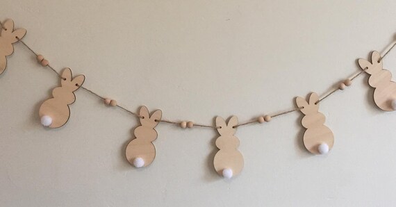 NEW - 90cm long garland of unpainted laser cut Easter bunnies with cute cotton tail hung on jute twine