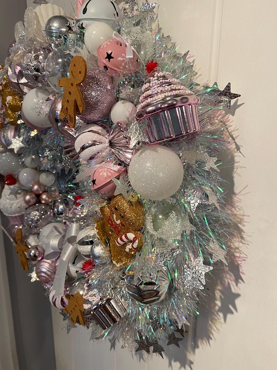 Beautiful 50 cm handmade very large gingerbread pink white silver Christmas wreath