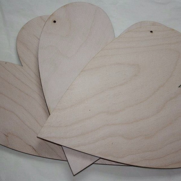 Pack of three large 20cm unpainted laser cut birch plywood hearts, perfect for crafting