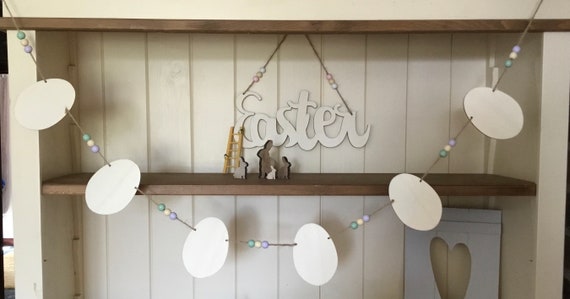 NEW unpainted laser cut Easter Egg Garland on jute twine with pastel coloured wooden balls, measuring 130cm