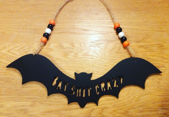 Large “Bat Shit Crazy” laser cut wood halloween bat  painted black with beads 30cm