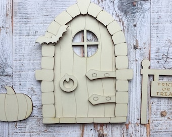 3d unpainted laser cut blank 3D Halloween faerie elf goblin fairy door available in 3 different sizes, perfect for crafting