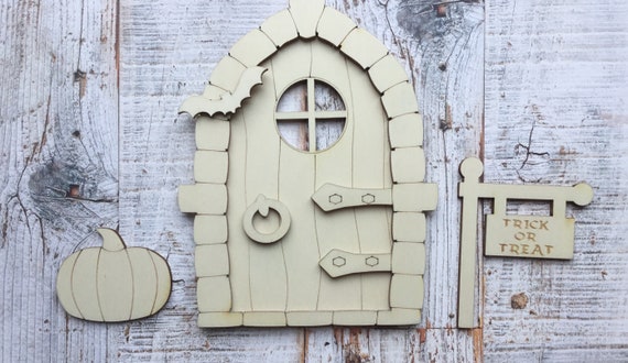 3d unpainted laser cut blank 3D Halloween faerie elf goblin fairy door available in 3 different sizes, perfect for crafting