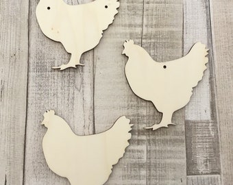 paquet de 10 poulets en bois coupés au laser non peints disponibles avec ou sans trous - décor de ferme