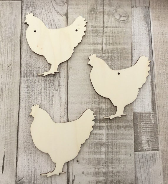 pack of 10 unpainted laser cut wooden chickens available with or without holes - farmhouse decor