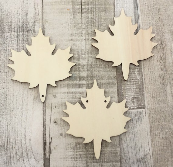 pack of 10 unpainted laser cut wooden leaves available with or without holes - pyrography,  autumn fall decor